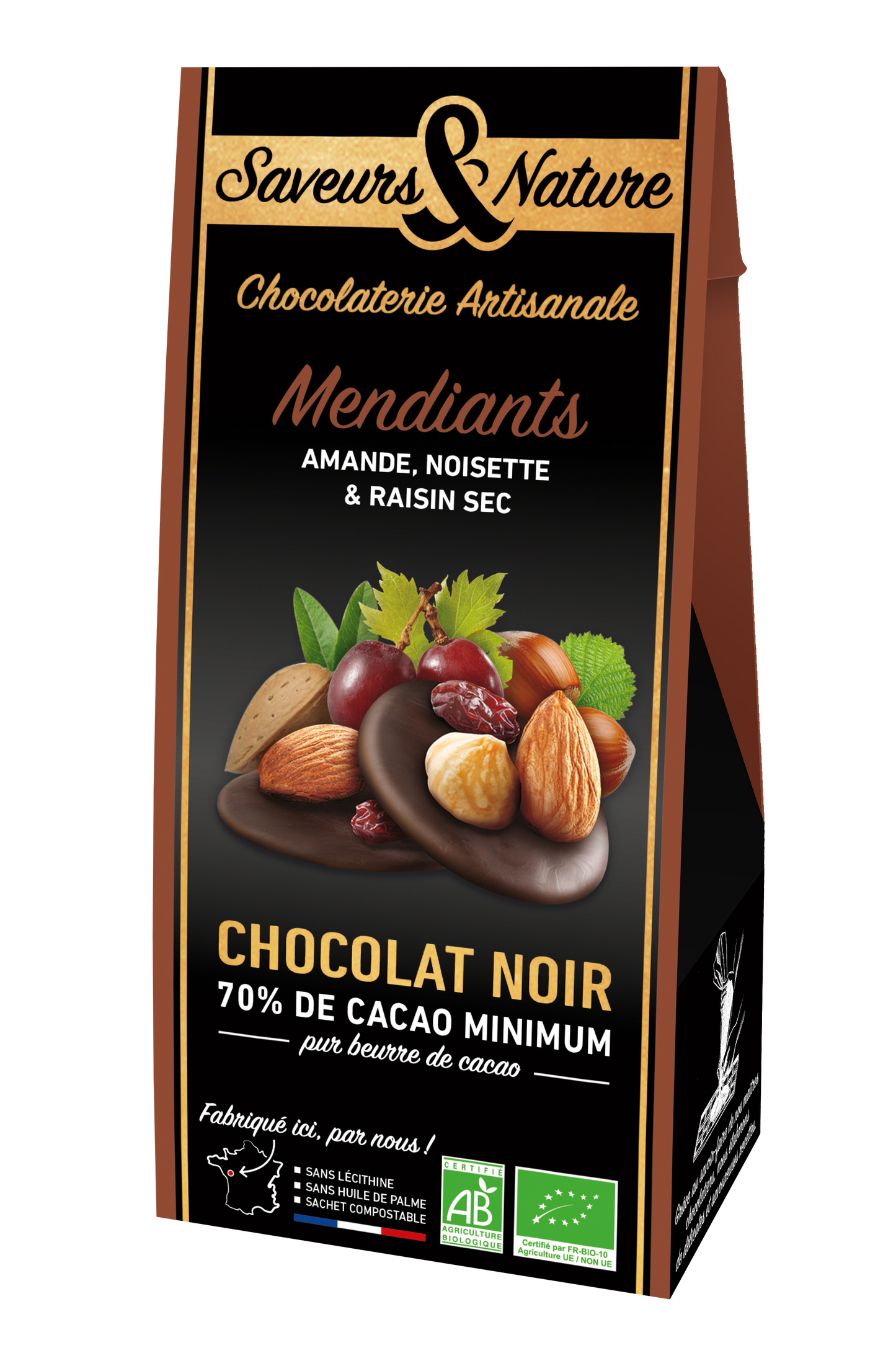 Saveurs & Nature -- Pré-commandes noël Mendiants de chocolat noir bio (amande, noisette, raisin sec) - 125 g
