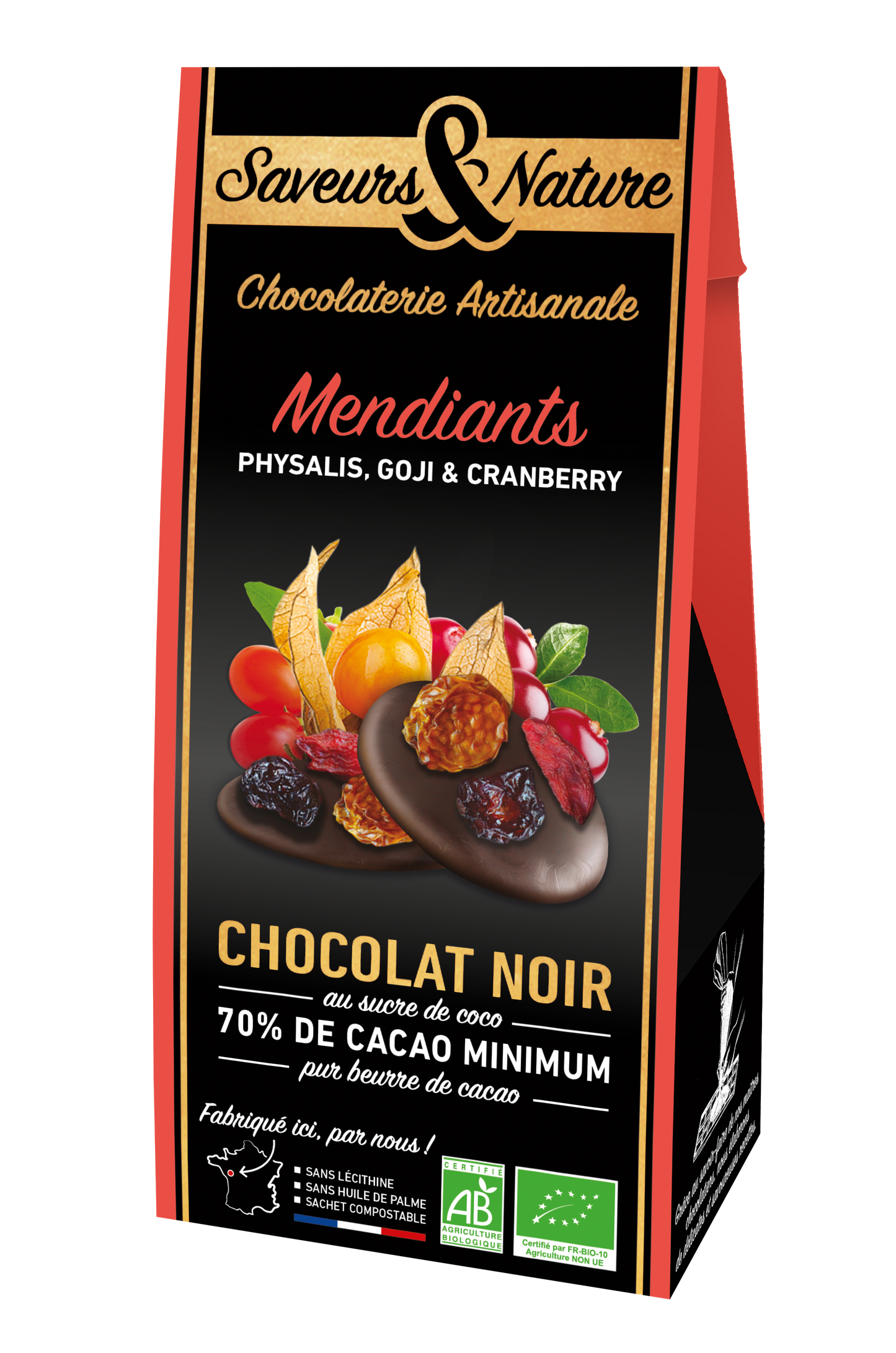 Saveurs & Nature -- Mendiants de chocolat noir bio au sucre de coco avec cranberry, goji, physalis - 125 g