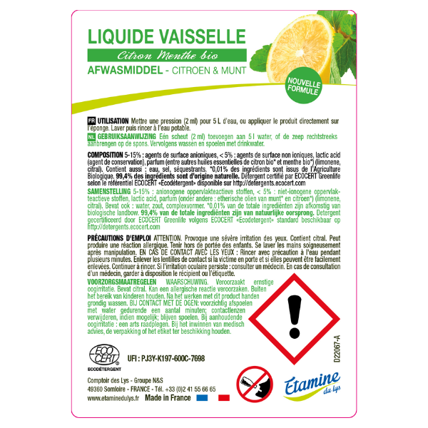 Etamine Du Lys -- Etiquettes pour le liquide vaisselle ultra dégraissant citron-menthe (rouleau) - x 50