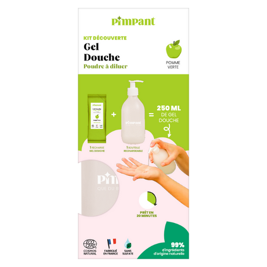 Pimpant -- Kit découverte Gel douche pomme verte poudre à diluer - 1 bouteille + 1 recharge