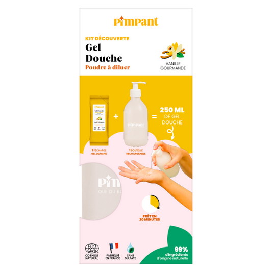 Pimpant -- Kit découverte Gel douche vanille gourmande poudre à diluer - 1 bouteille + 1 recharge