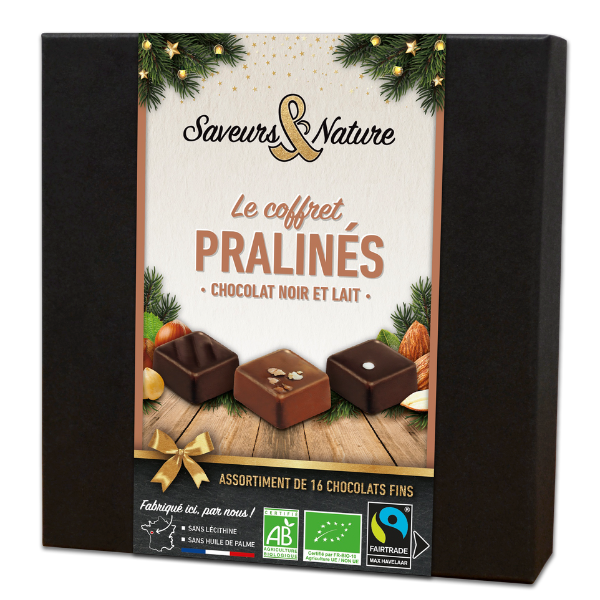 Pré-commandes noël Coffret assortiment de 16 pralinés enrobés de chocolat noir et lait bio - 1