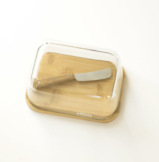 Pebbly -- Set beurrier en verre/bambou avec couteau à beurre