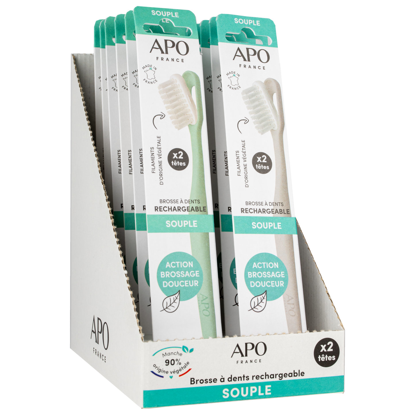 Apo -- Présentoir 12 brosses à dents rechargeables (1 manche + 2 têtes souple)