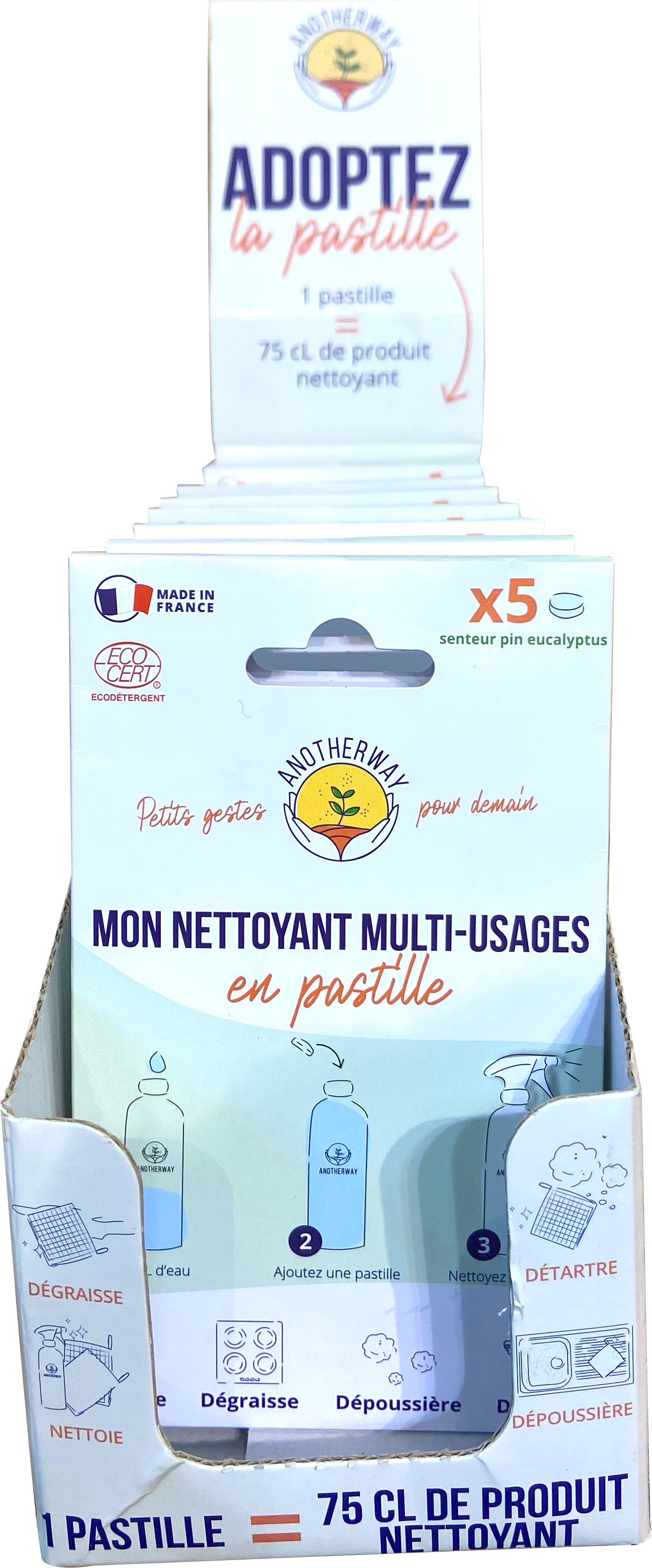 Anotherway -- Présentoir de 10 lots de 5 pastilles produit nettoyant (pin/eucalyptus)