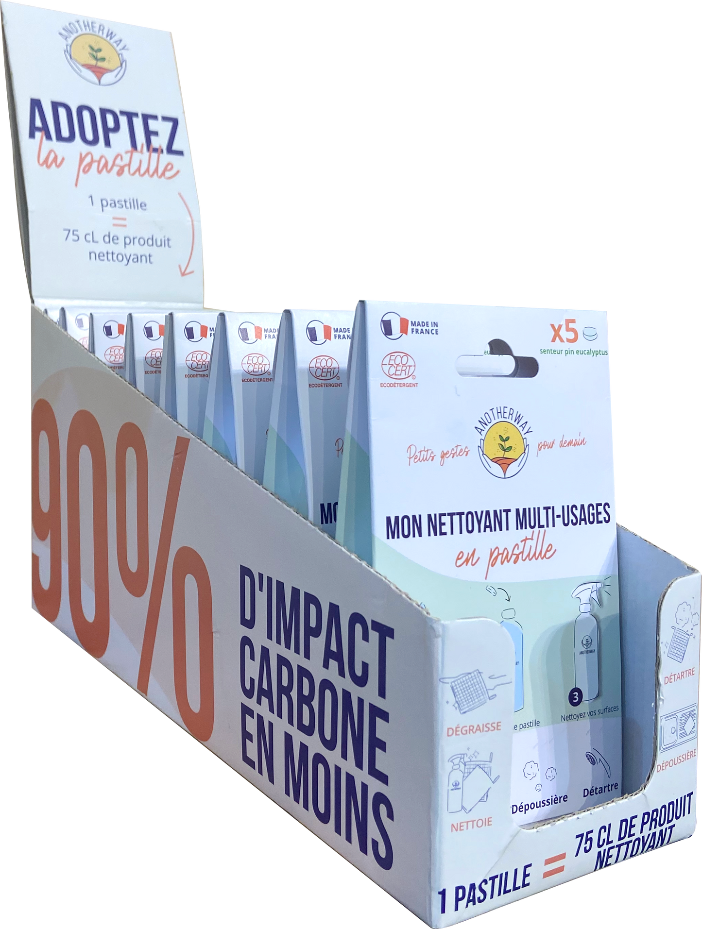 Anotherway -- Présentoir de 10 lots de 5 pastilles produit nettoyant (pin/eucalyptus)