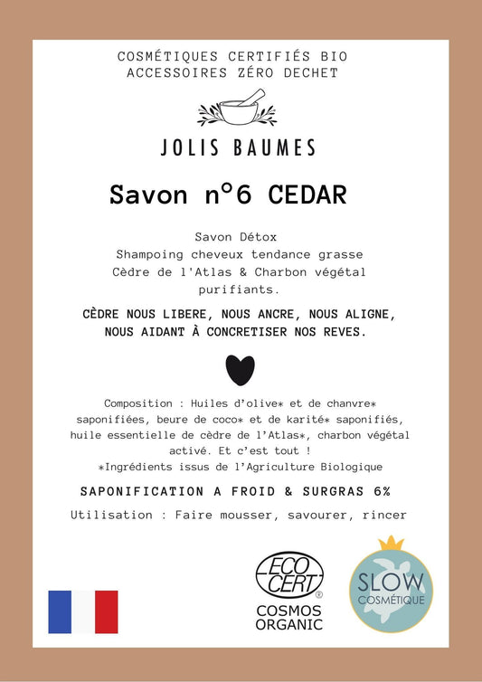 Jolis Baumes -- Savon purifiant & shampoing cheveux gras/pellicules (n°6 cedar bio) - 100 g