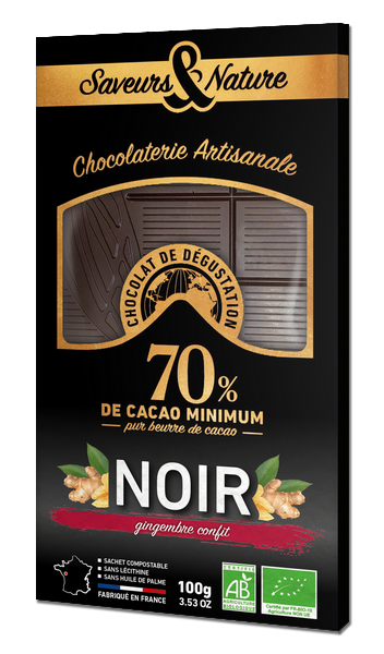 Saveurs & Nature -- Tablette de chocolat noir 70% de cacao au gingembre confit bio - 100 g