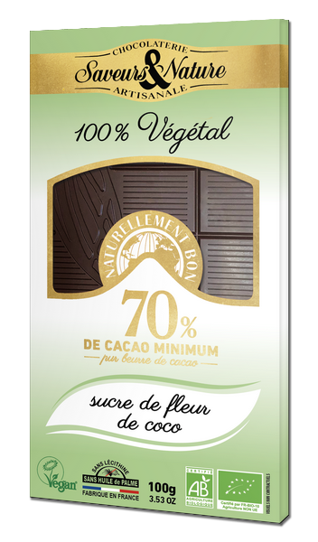 Saveurs & Nature -- DDM 29.05.2024 Tablette de chocolat noir 70% de cacao au sucre de fleur de coco bio - 100 g
