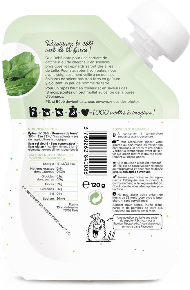 Popote -- Gourde purée d'épinards bio (dès 4-6 mois) - 120 g