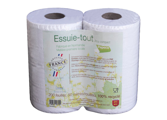Papeco -- Essuie-tout recyclé français 2 plis écolabel - 2 rouleaux (de 200 feuilles chacun)
