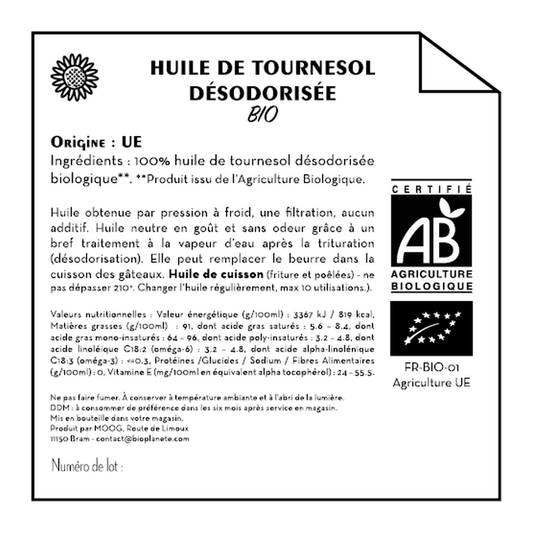 Jean Bouteille -- Contre étiquette Huile de cuisson tournesol désodorisé Bio - lot de 50