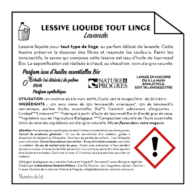 Jean Bouteille -- Contre étiquette lessive liquide tout linge lavande –  Aventure bio
