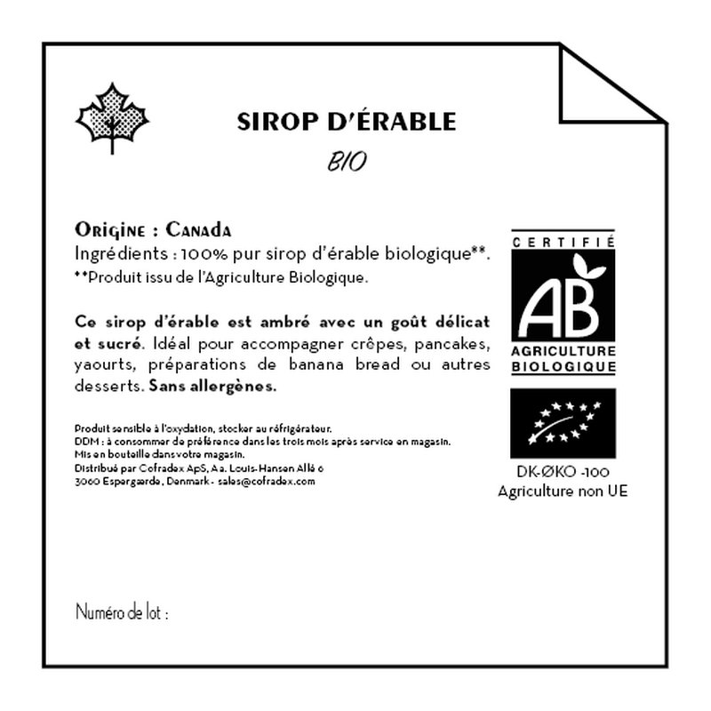 Jean Bouteille -- Contre étiquette sirop d'érable bio - lot de 50