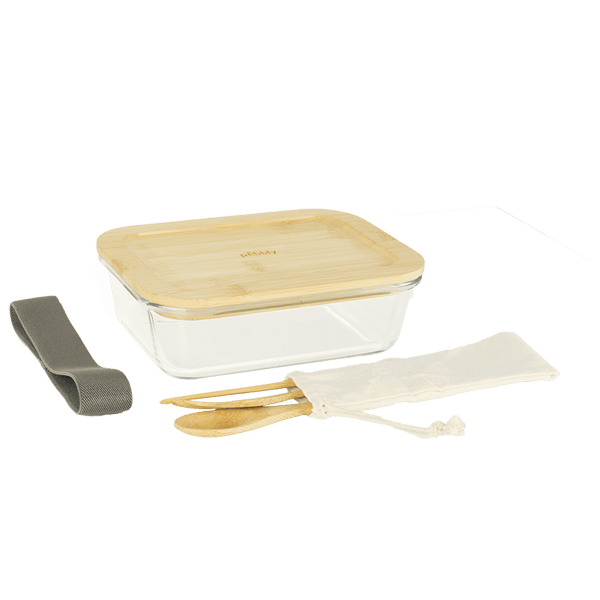 Pebbly -- Lunch box nomade en verre / bambou & couverts en bambou 1 L