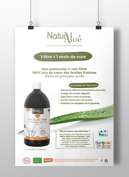 Naturaloé -- Poster A4 et stop rayon jus aloe vera à boire