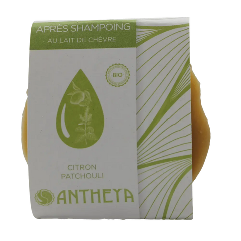 Antheya -- Après-shampoing solide lait de chèvre/citron/patchouli - brillance (bande papier) - 90 g