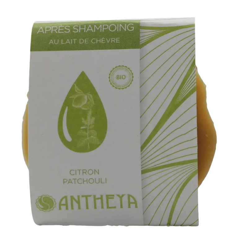 Antheya -- Après-shampoing solide lait de chèvre/citron/patchouli - brillance (bande papier) - 90 g