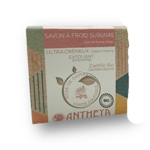 Antheya -- Savon à froid surgras végétal visage - exfoliant à la rose de damas (bande papier) - 90 g