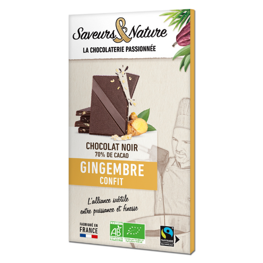 Saveurs & Nature -- Tablette de chocolat noir bio 70% de cacao au gingembre confit - 80 g