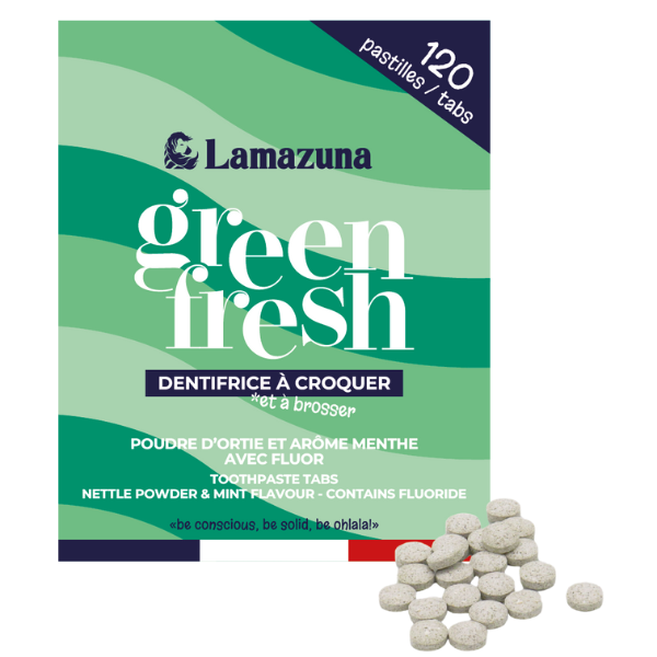 Lamazuna -- Dentifrice à croquer green fresh (poudre d'ortie et arôme menthe avec fluor) - 120 pastilles
