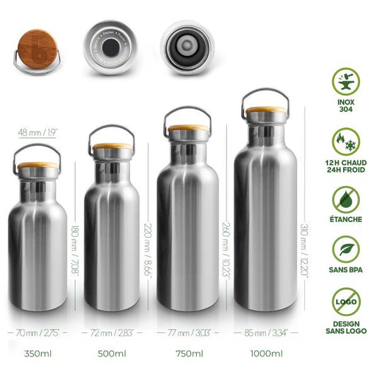 Bambaw -- Bouteille isotherme en acier inoxydable (couleur Acier Naturel) - 1L