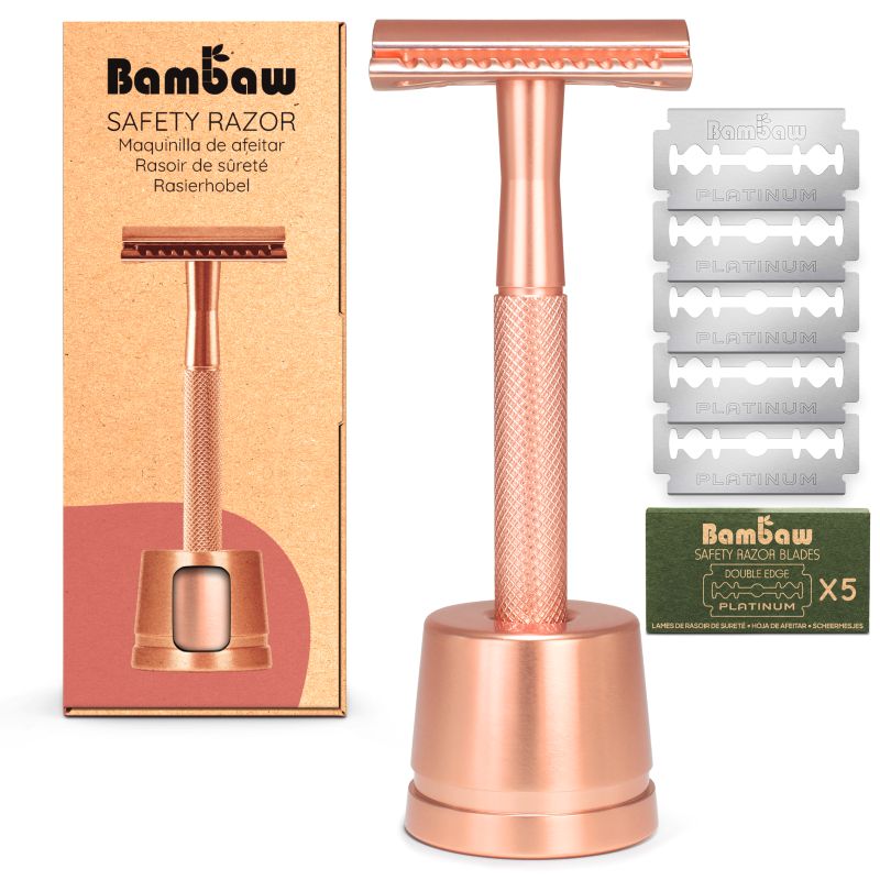 Bambaw -- Rasoir de sûreté en métal + socle (or rose)