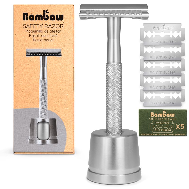 Bambaw -- Rasoir de sûreté en métal + socle (argent)