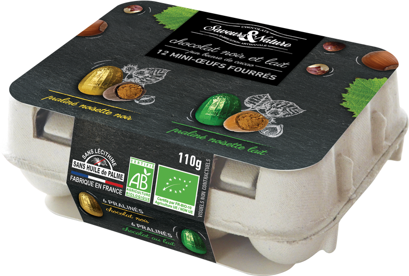 Boite de 12 petits œufs praliné noisette enrobés de chocolat noir et lait - 1
