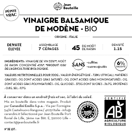 Jean Bouteille -- Vinaigre balsamique de Modène bio (densité 1.15) contre étiquette - Lot de 50