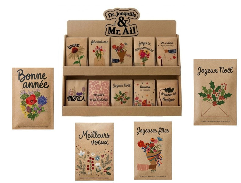 Dr Jonquille & Mr Ail -- Présentoir sachets de graines à message noël - 3 Kg