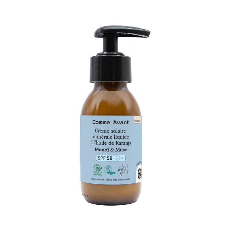 Crème solaire minérale liquide à l'huile de karanja spf50 - monoï & musc - v2 - 1