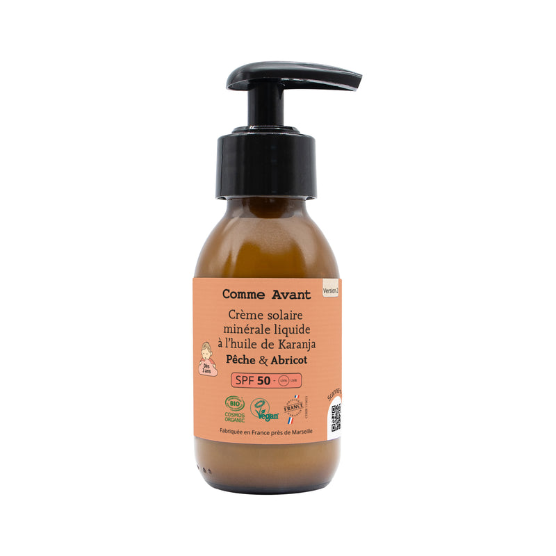 Crème solaire minérale liquide  à l'huile de karanja spf50 - pêche & abricot  - v2 - 1