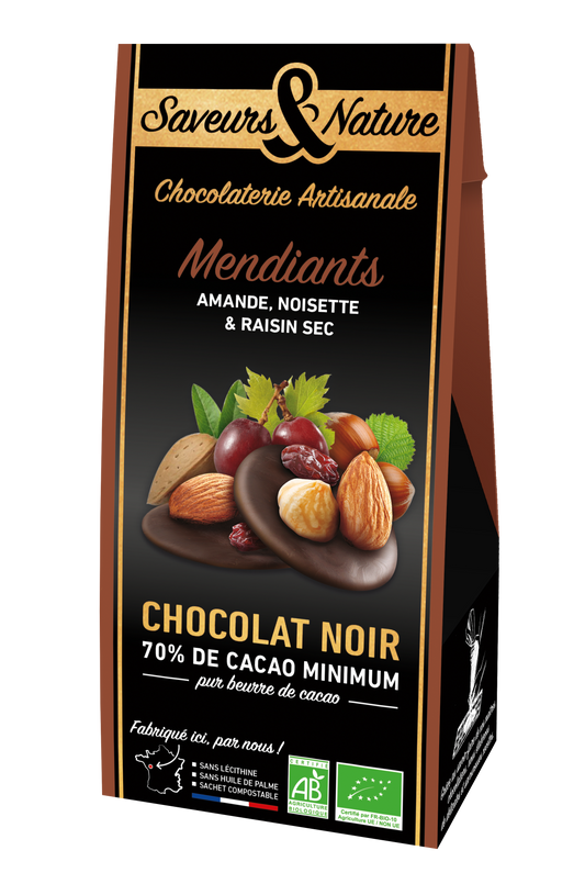 Saveurs & Nature -- Pré-commandes noël Mendiants de chocolat noir bio (amande, noisette, raisin sec) - 125 g
