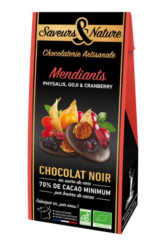 Saveurs & Nature -- Pré-commandes noël Mendiants de chocolat noir bio au sucre de coco avec cranberry, goji, physalis - 125 g