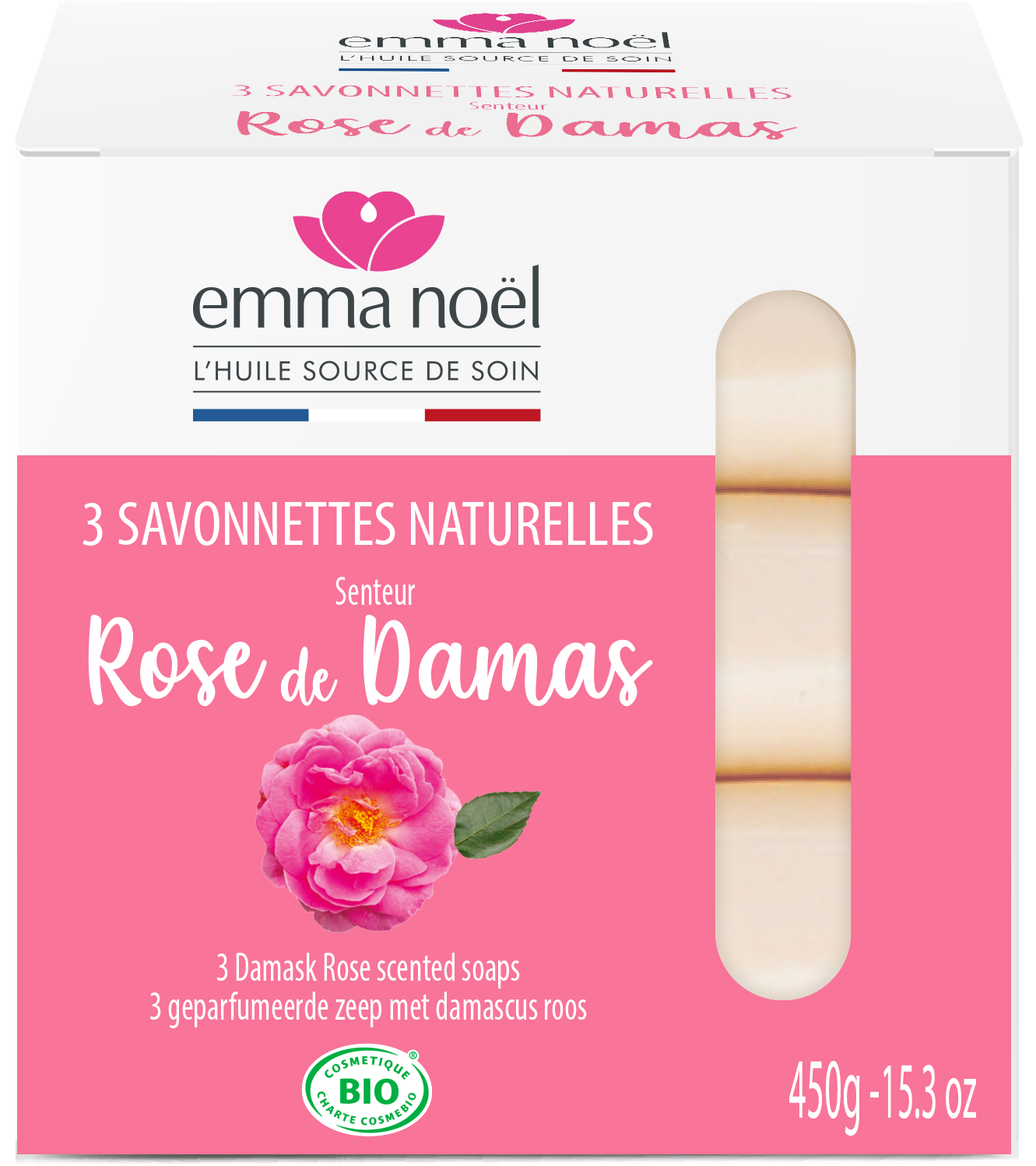 Emma Noël -- Savonnettes rose de damas bio - 3 x 150 g