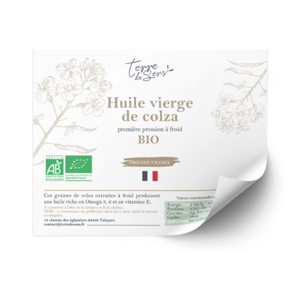 Terre De Sens -- Contre-étiquette de l'huile de colza vierge france bio - Lot de 50