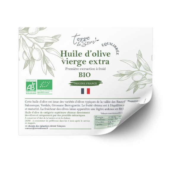 Terre De Sens -- Contre-étiquette de l'huile d'olive vierge extra equilibré france bio - Lot de 50