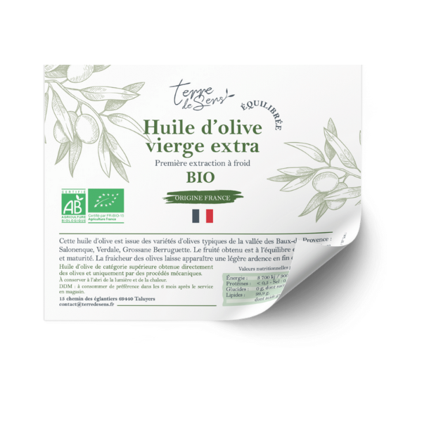 Terre De Sens -- Huile d'olive vierge extra équilibrée france bio (contre étiquette) - Lot de 50