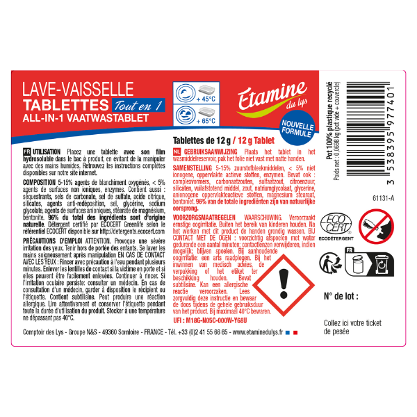 Etamine Du Lys -- Etiquettes pour les tablettes lave-vaisselle tout en 1 (rouleau) - x 50