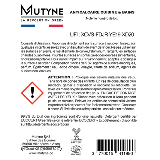 Mutyne -- Etiquettes nettoyant anticalcaire cuisine & salle de bain - Rouleau de 50 étiquettes