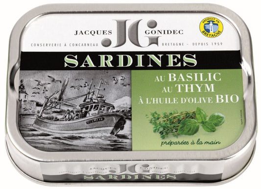 Jacques Gonidec -- Sardines au basilic et au thym à l'huile d'olive bio - 115 g