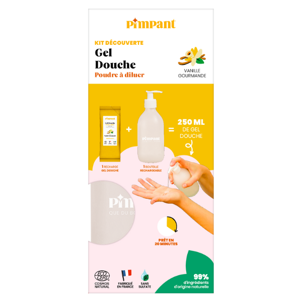 Pimpant -- Kit découverte Gel douche vanille gourmande poudre à diluer - 1 bouteille + 1 recharge