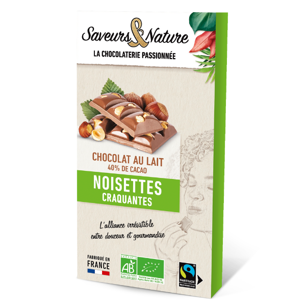 Saveurs & Nature -- Tablette de chocolat au lait bio 40% de cacao minimum noisettes craquantes - 80 g