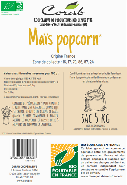 Maïs popcorn Bio Equitable en France - 2