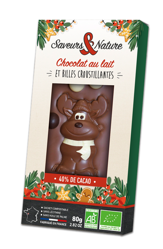 Saveurs & Nature -- Tablette renne de chocolat au lait et crosuty aux 3 chocolats bio - 80 g