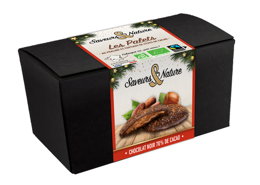 Saveurs & Nature -- Ballotin palets de chocolat noir cœur praliné et copeaux de fèves de cacao bio - 125 g