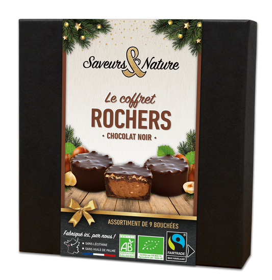 Saveurs & Nature -- Pré-commandes noël Coffret 9 mini rochers praliné noisette enrobés de chocolat noir 70% cacao bio