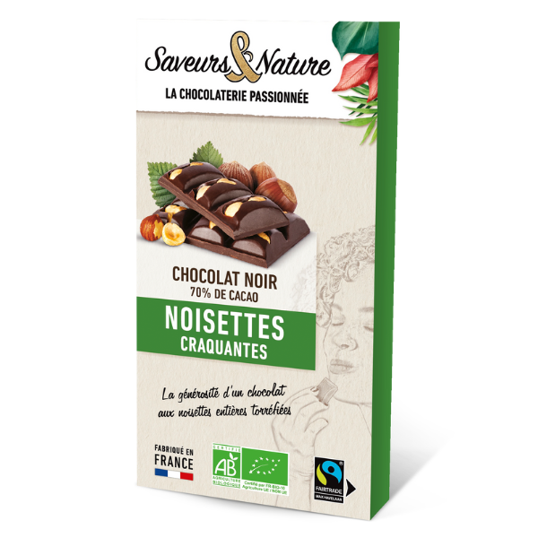 Saveurs & Nature -- Tablette de chocolat noir bio 70% de cacao minimum noisettes craquantes - 80 g