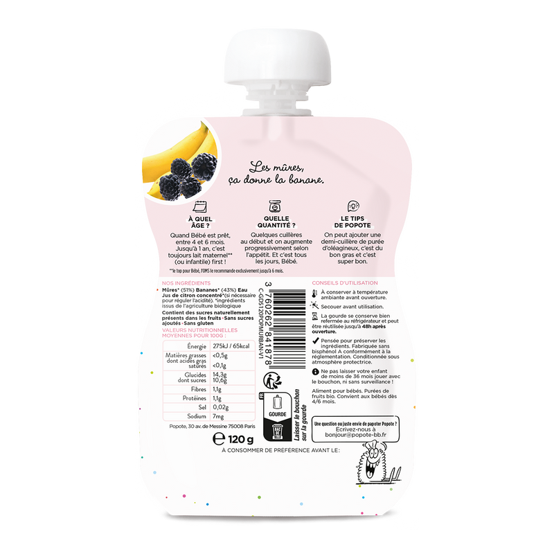 Popote -- Gourde mûres banane - 120 g